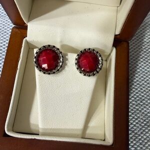 Red Gemstone Stud Earrings - Polished Silver Setting